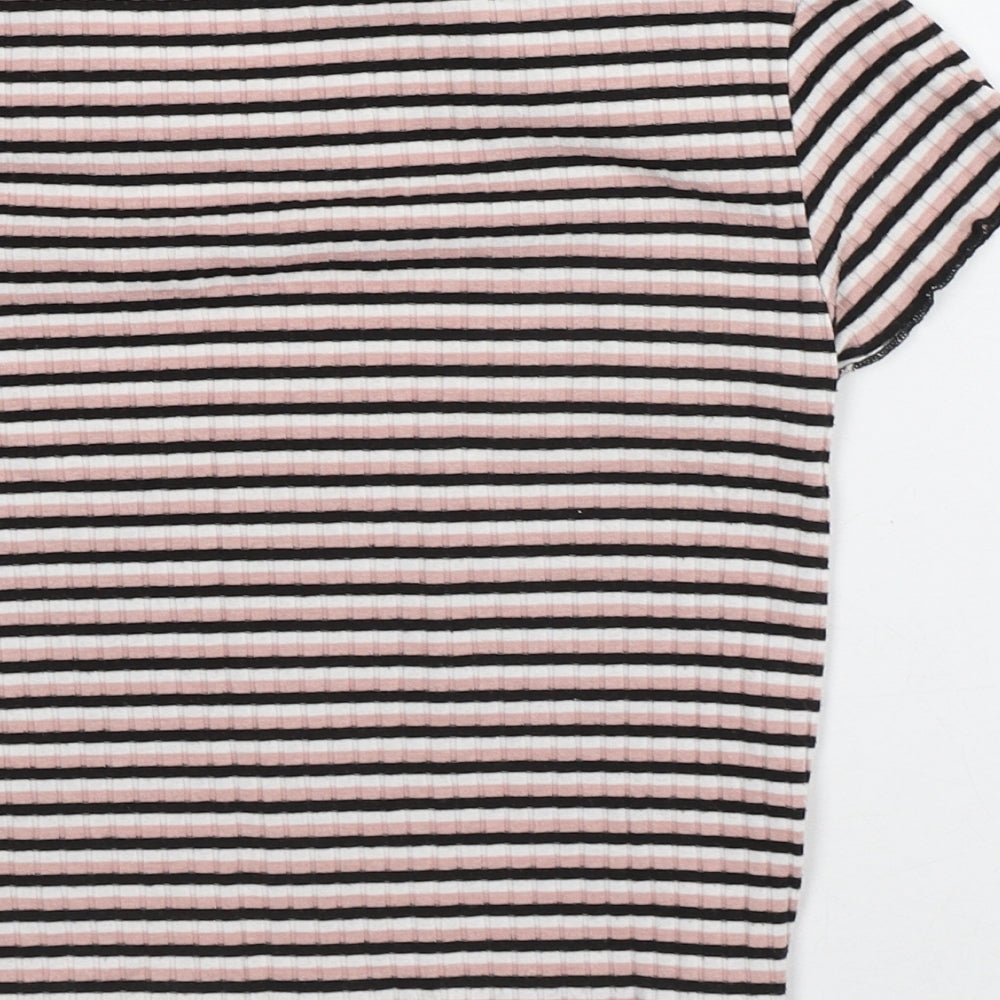 Primark Womens Pink Striped Polyester Basic Blouse Size 8 Scoop Neck