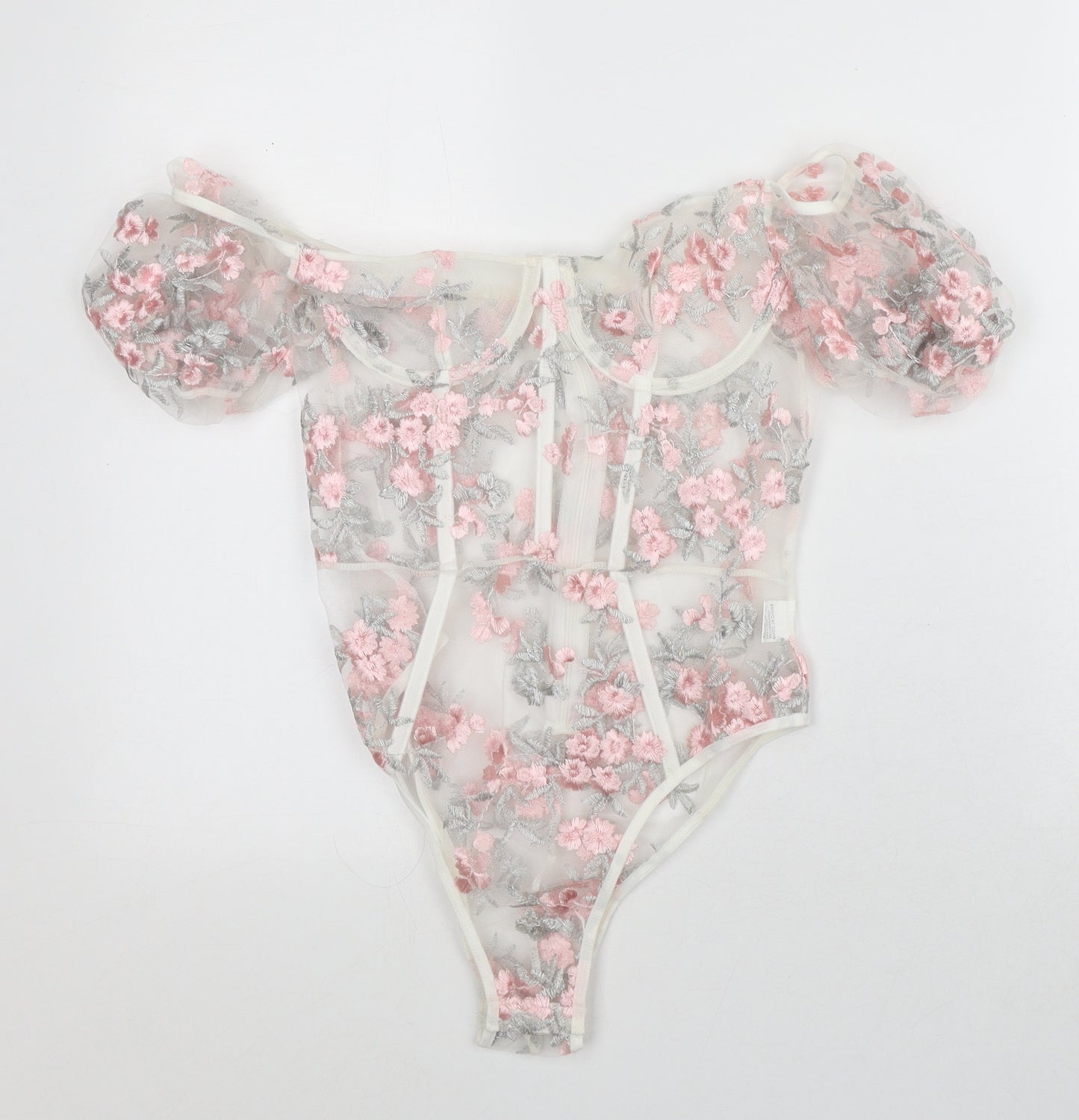 Preworn Womens Clear Floral Polyester Bodysuit One-Piece Size S - Sheer