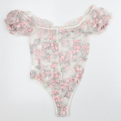 Preworn Womens Clear Floral Polyester Bodysuit One-Piece Size S - Sheer