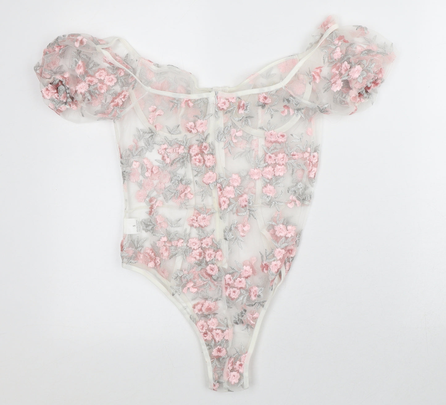 Preworn Womens Clear Floral Polyester Bodysuit One-Piece Size S - Sheer