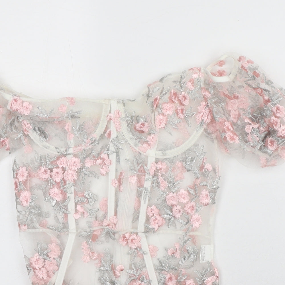 Preworn Womens Clear Floral Polyester Bodysuit One-Piece Size S - Sheer