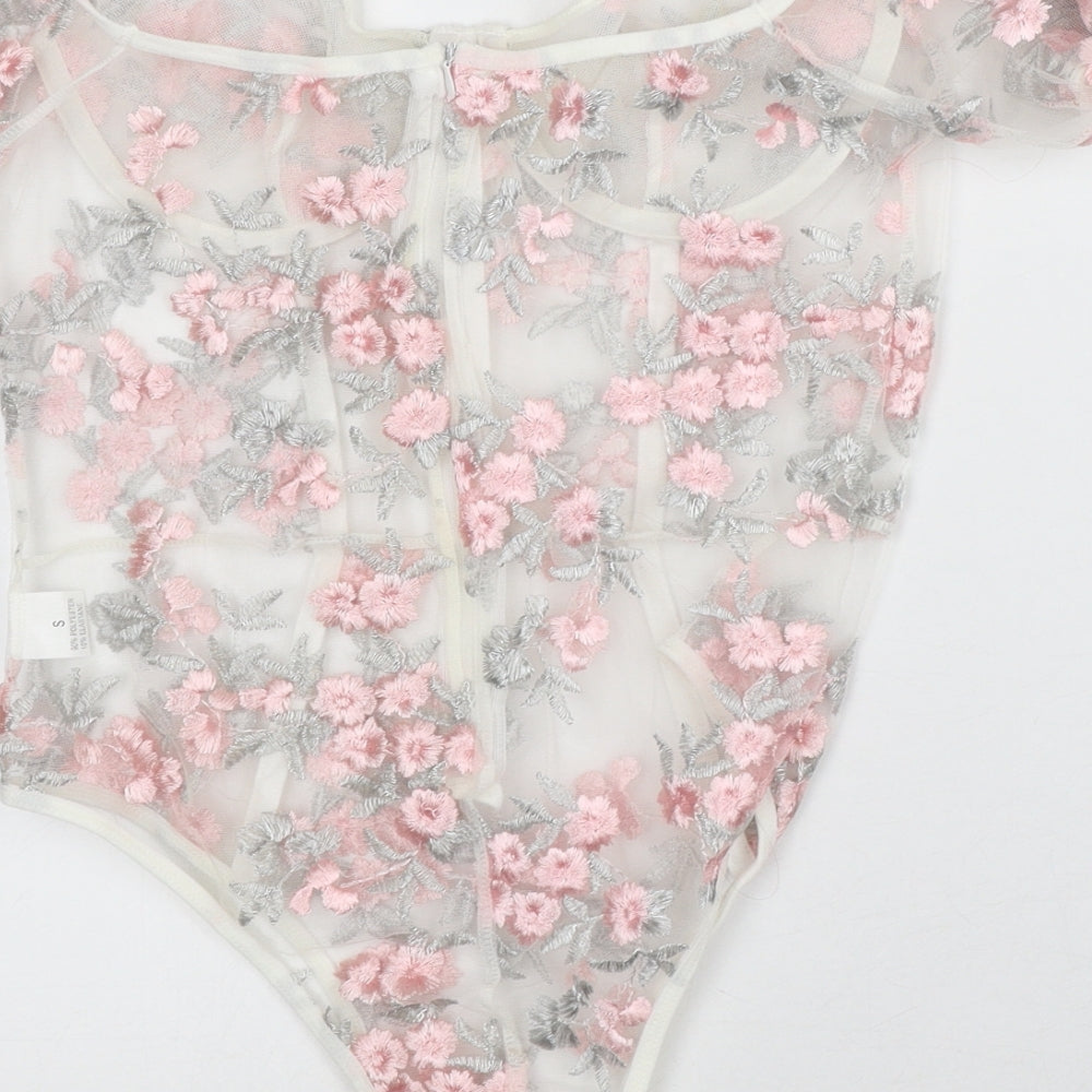 Preworn Womens Clear Floral Polyester Bodysuit One-Piece Size S - Sheer