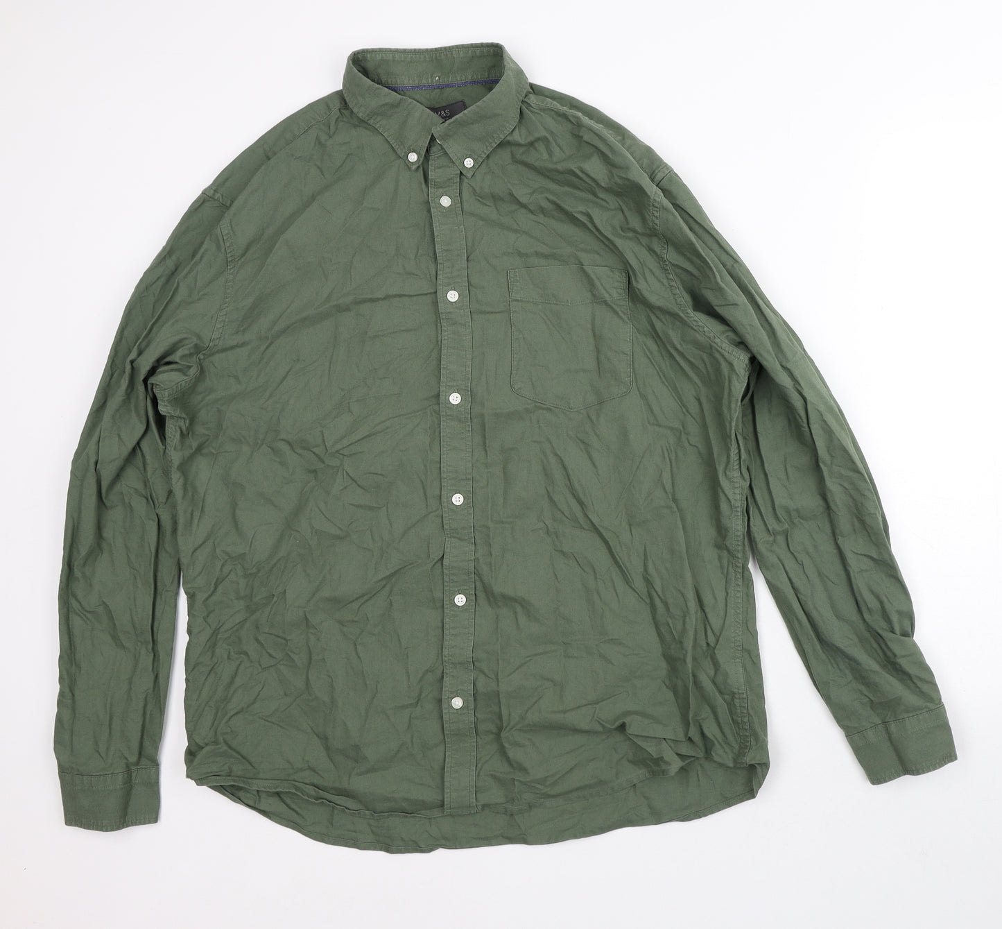 Marks and Spencer Mens Green Cotton Button-Up Size XL Collared