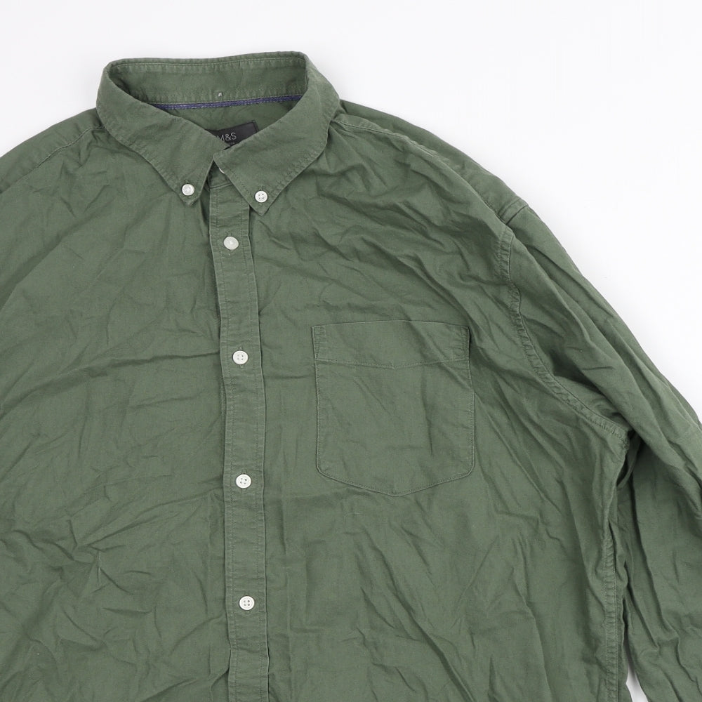 Marks and Spencer Mens Green Cotton Button-Up Size XL Collared