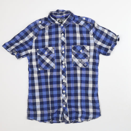 DNMSeries Mens Blue Plaid Cotton Button-Up Size S Collared