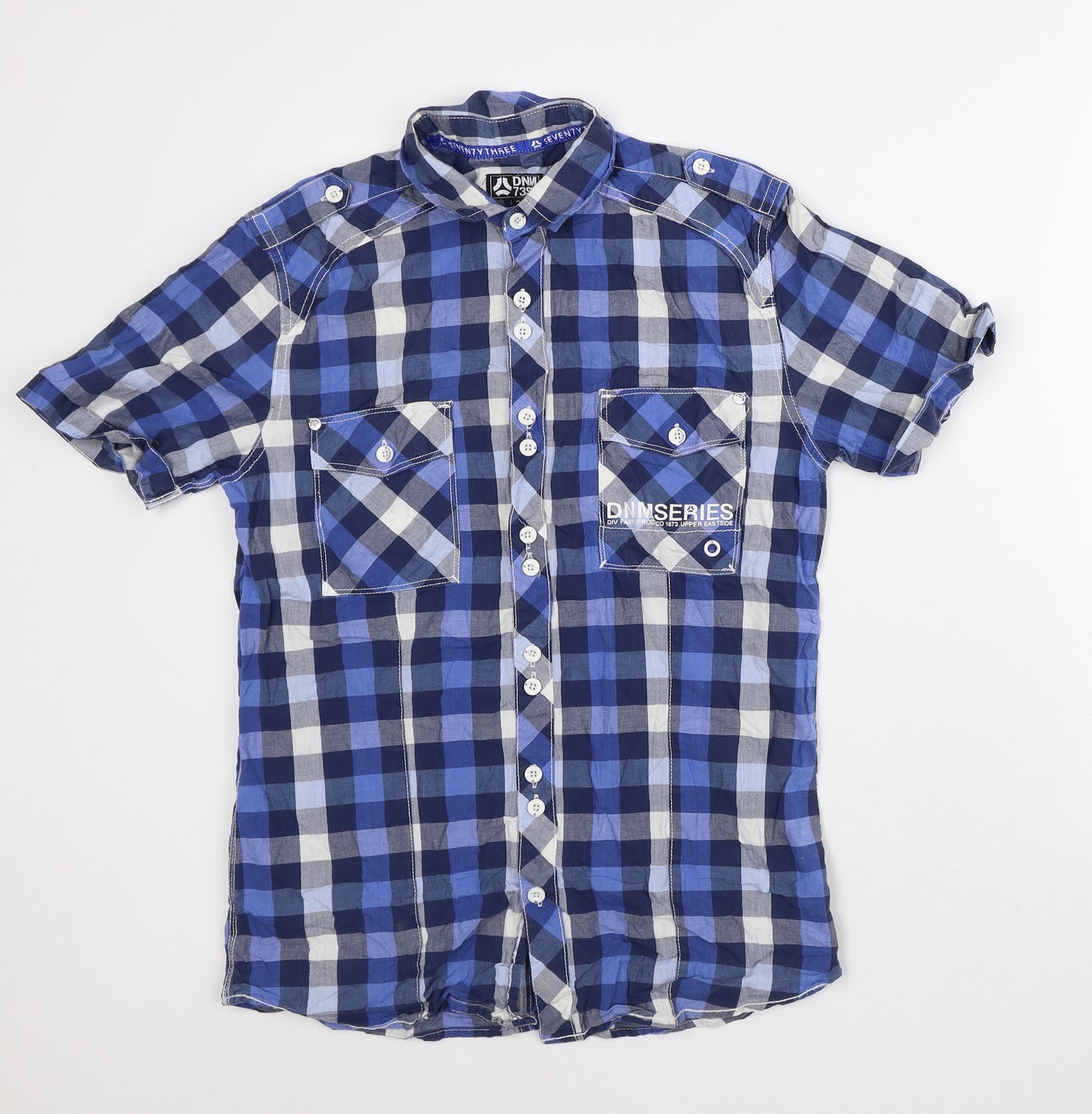 DNMSeries Mens Blue Plaid Cotton Button-Up Size S Collared