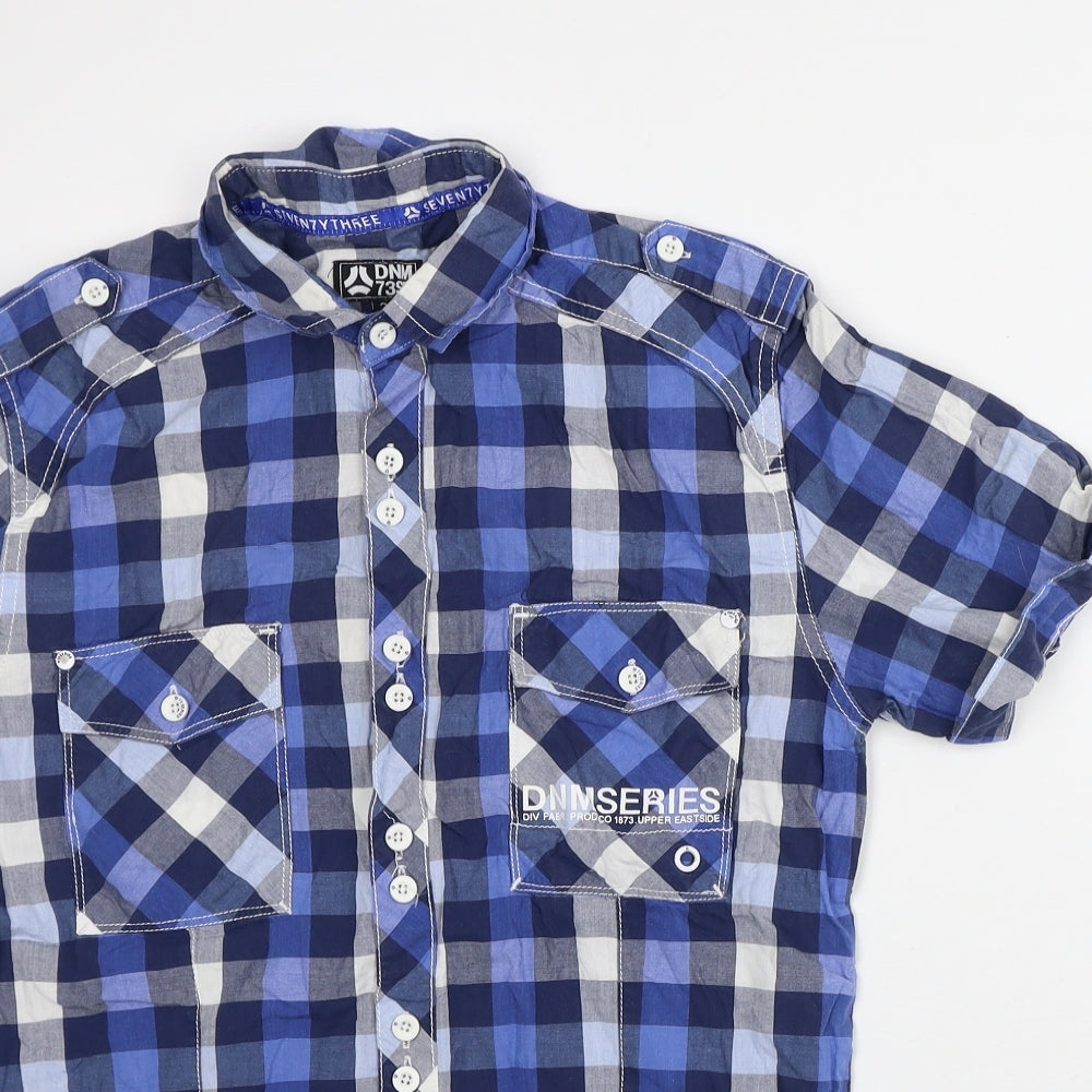 DNMSeries Mens Blue Plaid Cotton Button-Up Size S Collared