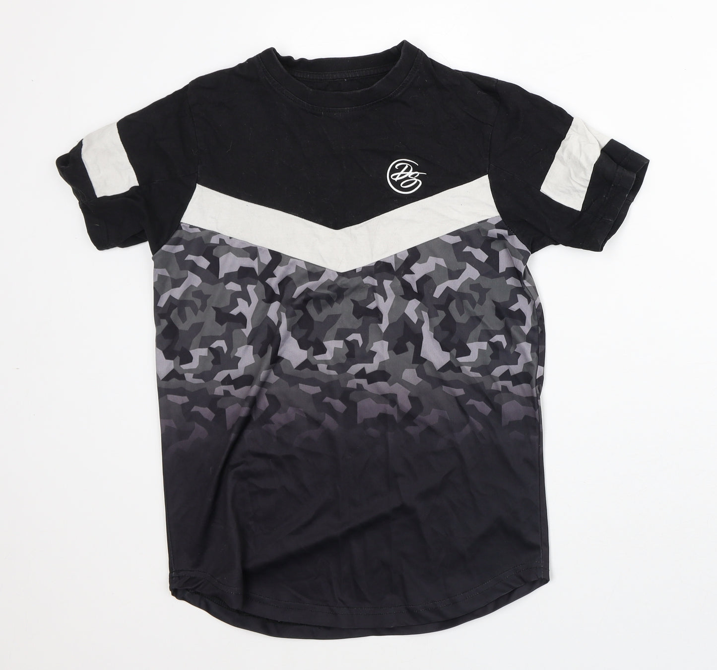 D/struct Boys Black Geometric Cotton Basic T-Shirt Size 12-13 Years Crew Neck