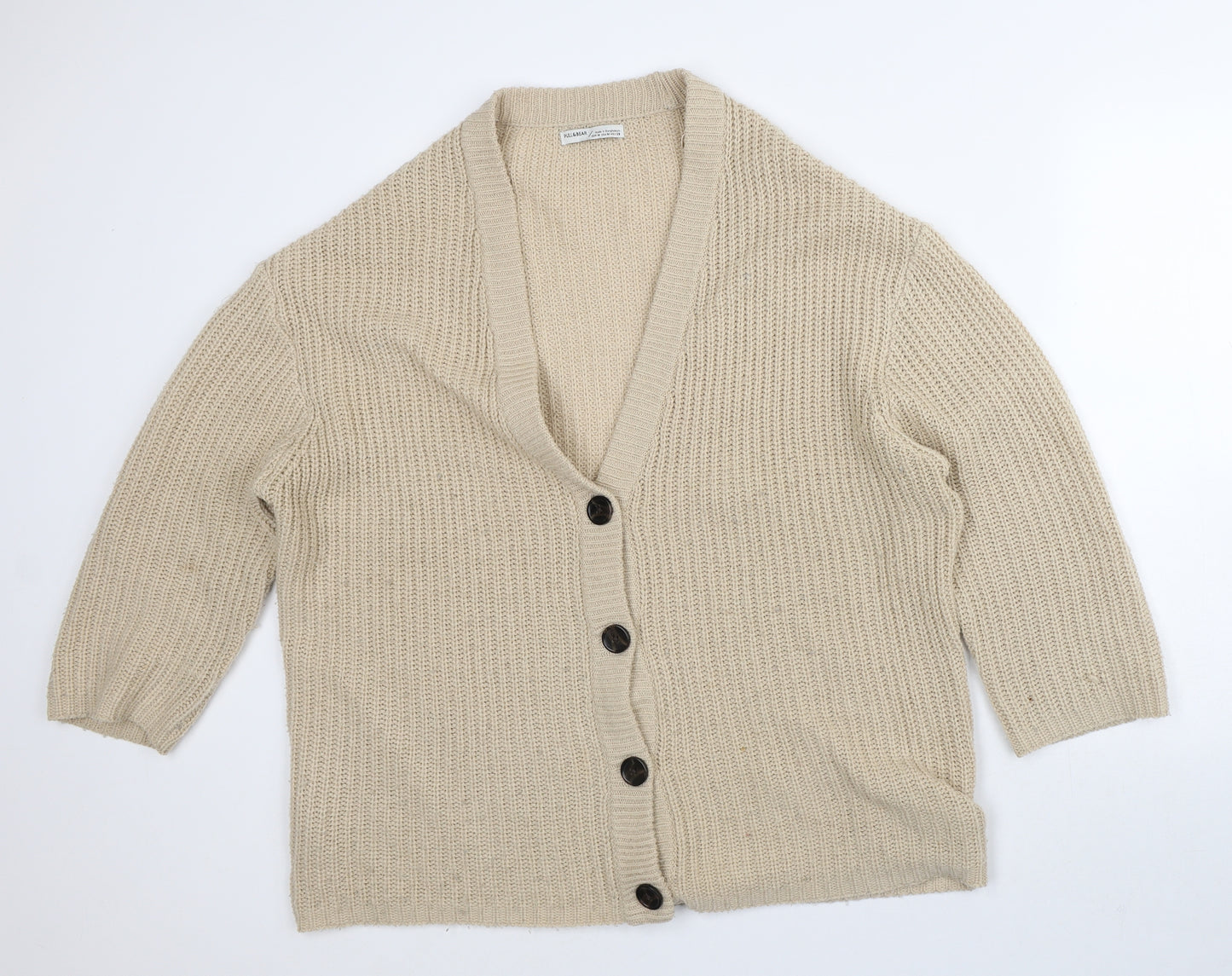 Pull&Bear Womens Beige V-Neck Acrylic Pullover Jumper Size M