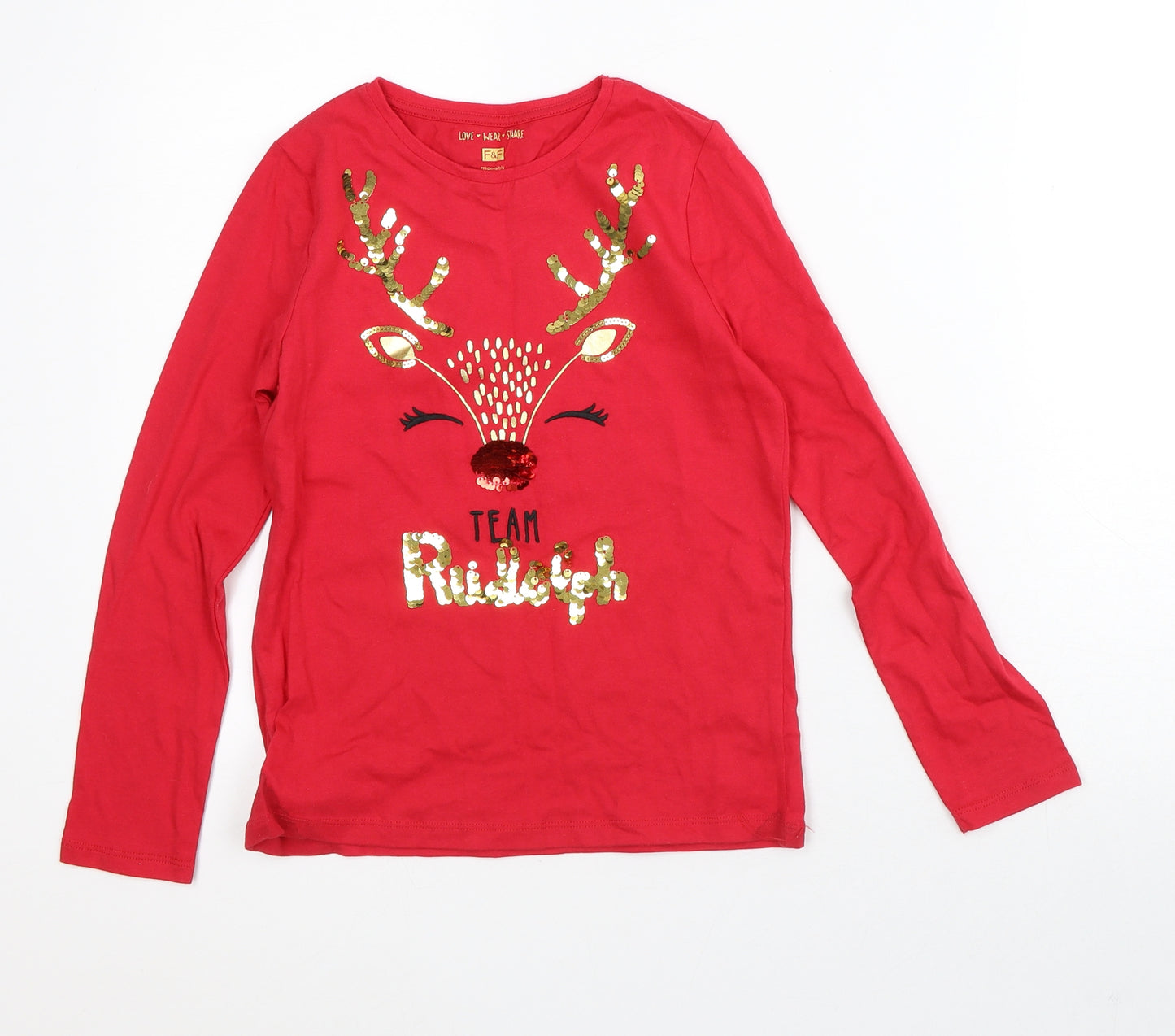 F&F Girls Red Cotton Basic T-Shirt Size 9-10 Years Crew Neck - Rudolph