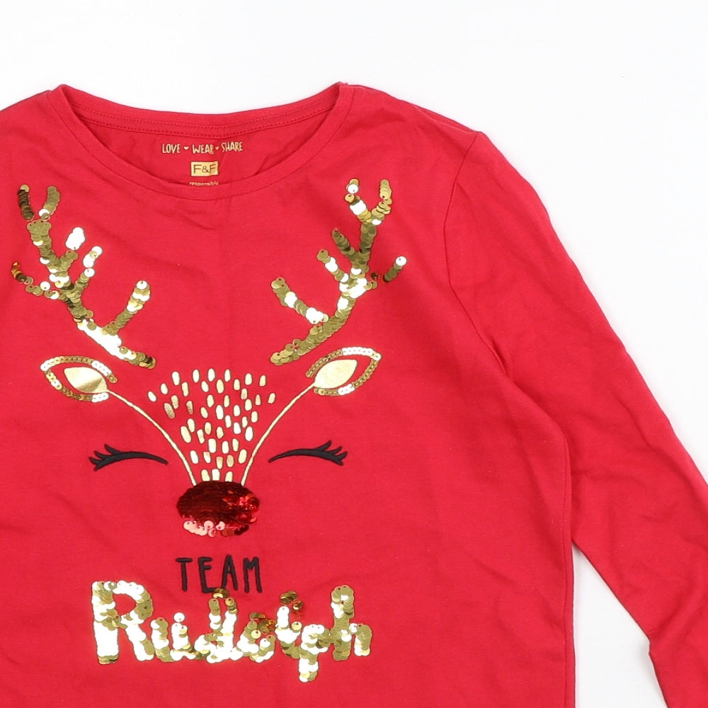 F&F Girls Red Cotton Basic T-Shirt Size 9-10 Years Crew Neck - Rudolph
