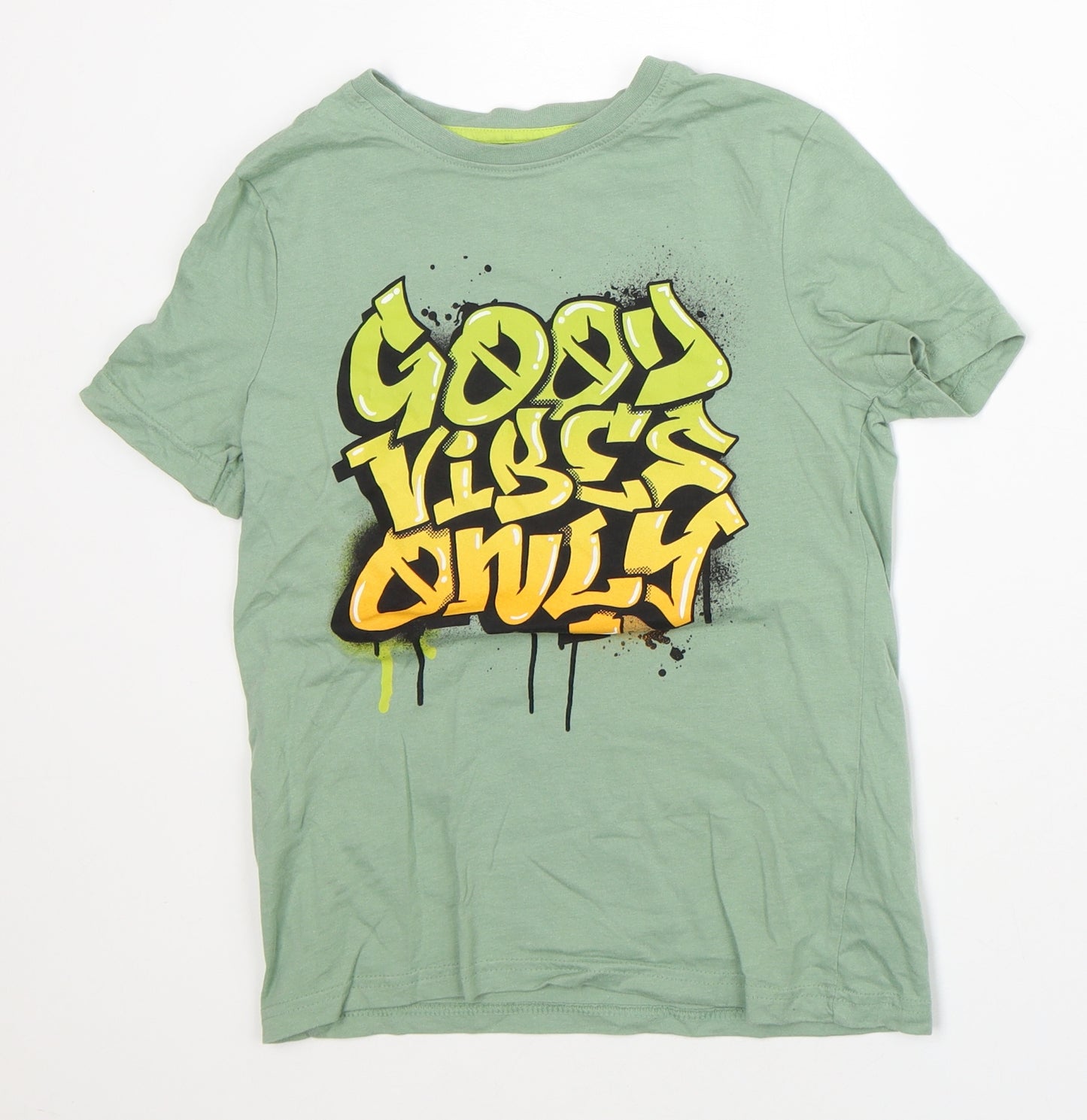 F&F Boys Green Cotton Basic T-Shirt Size 8-9 Years Crew Neck - Good Vibes