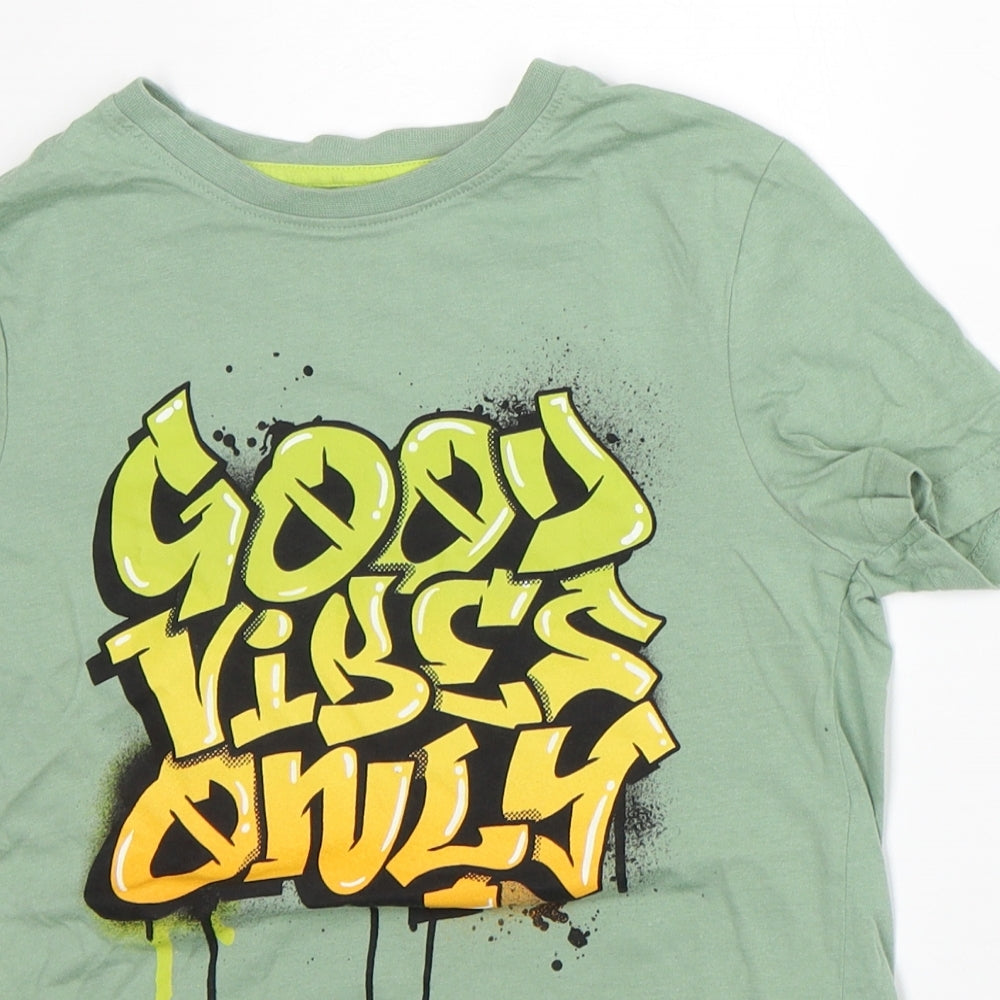 F&F Boys Green Cotton Basic T-Shirt Size 8-9 Years Crew Neck - Good Vibes
