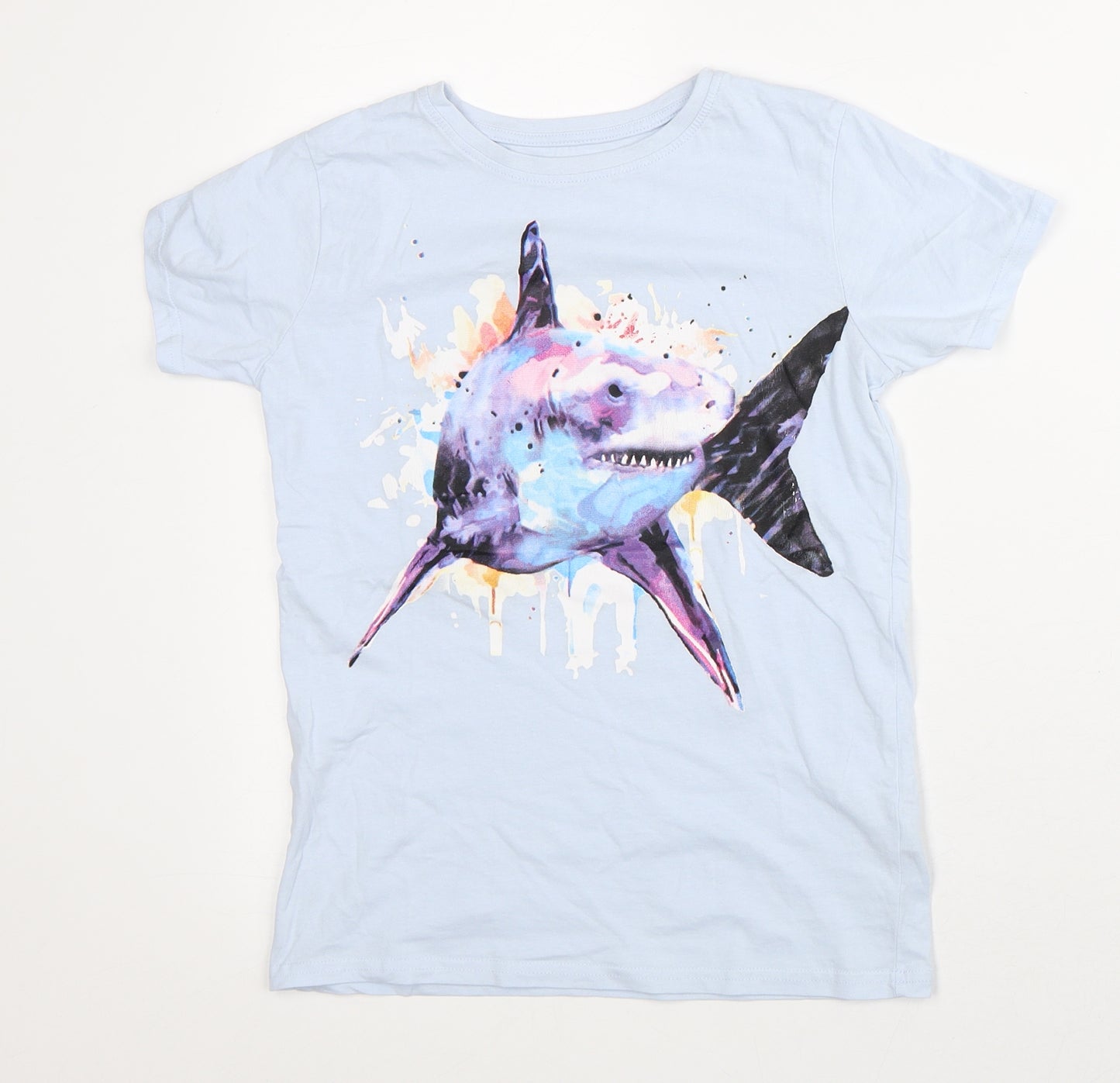 Dunnes Stores Girls Blue Cotton Basic T-Shirt Size 9-10 Years Crew Neck - Shark