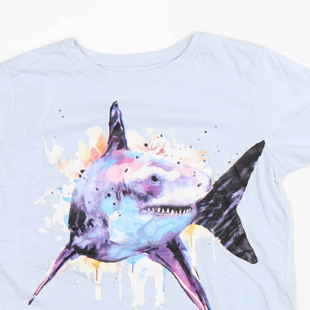 Dunnes Stores Girls Blue Cotton Basic T-Shirt Size 9-10 Years Crew Neck - Shark