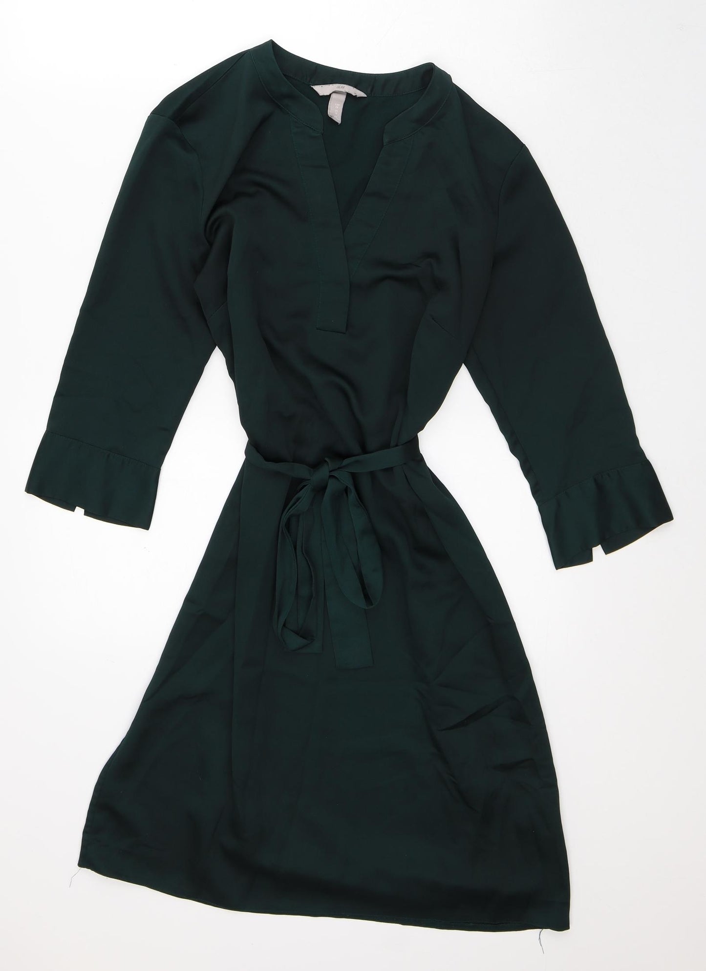 H&M Womens Green Polyester Fit & Flare Size 10 V-Neck