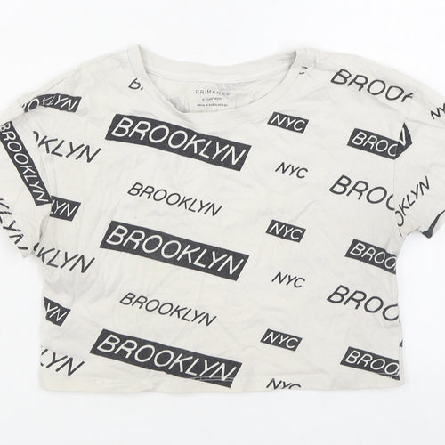 Primark Girls White Geometric 100% Cotton Cropped T-Shirt Size 9-10 Years Round Neck Pullover