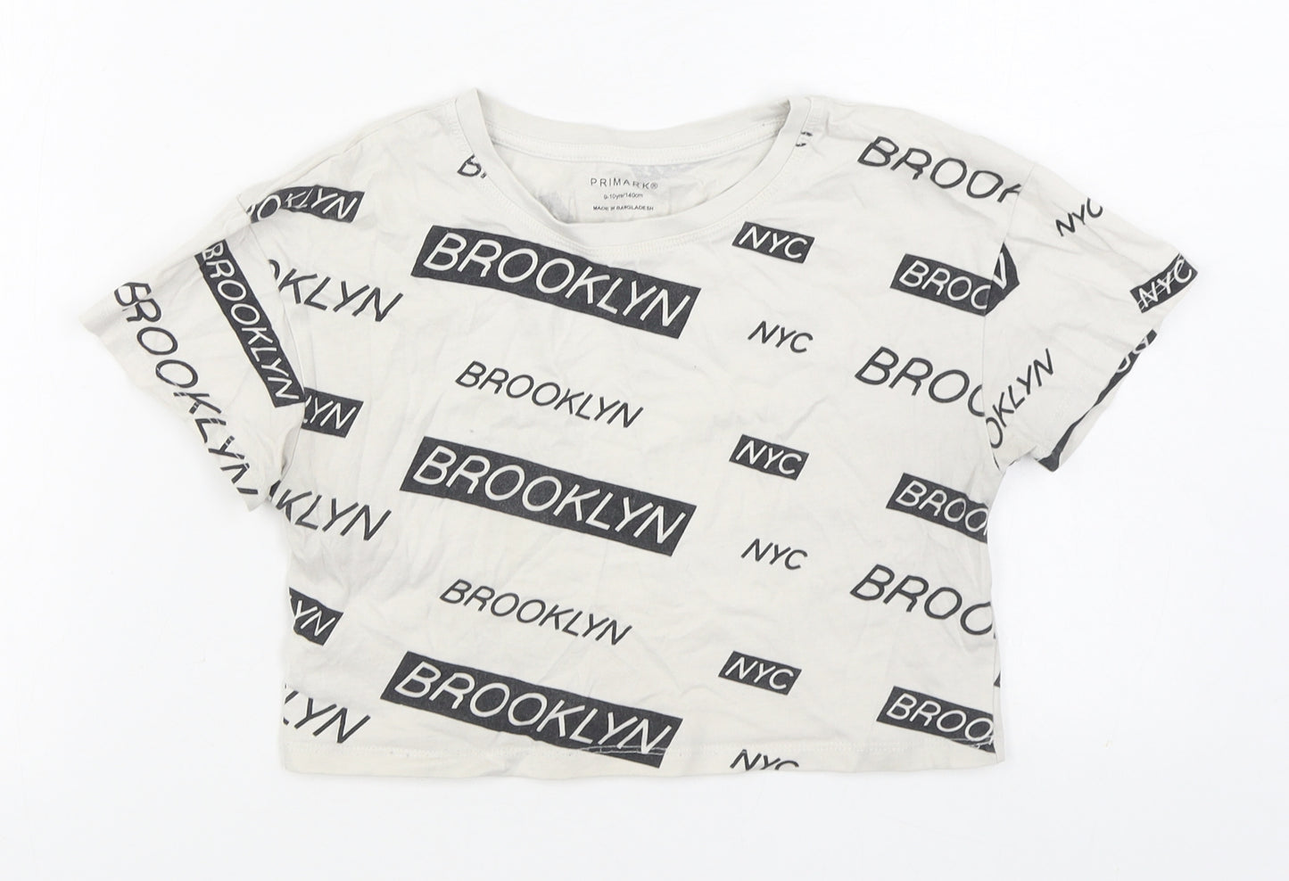 Primark Girls White Geometric 100% Cotton Cropped T-Shirt Size 9-10 Years Round Neck Pullover