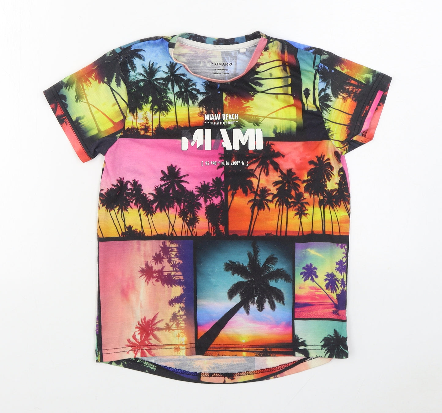 Primark Boys Multicoloured Geometric Polyester Basic T-Shirt Size 9-10 Years Round Neck Pullover