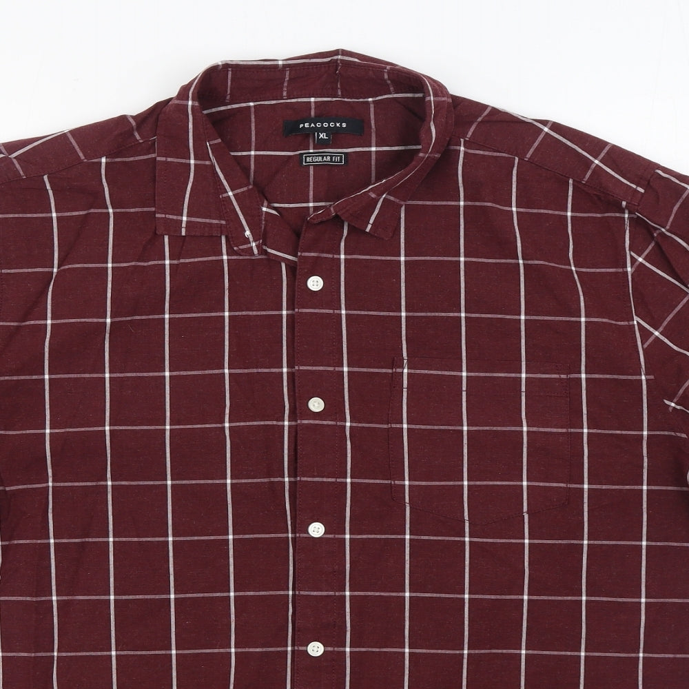 Peacocks Mens Red Plaid Cotton Button-Up Size XL Collared Button