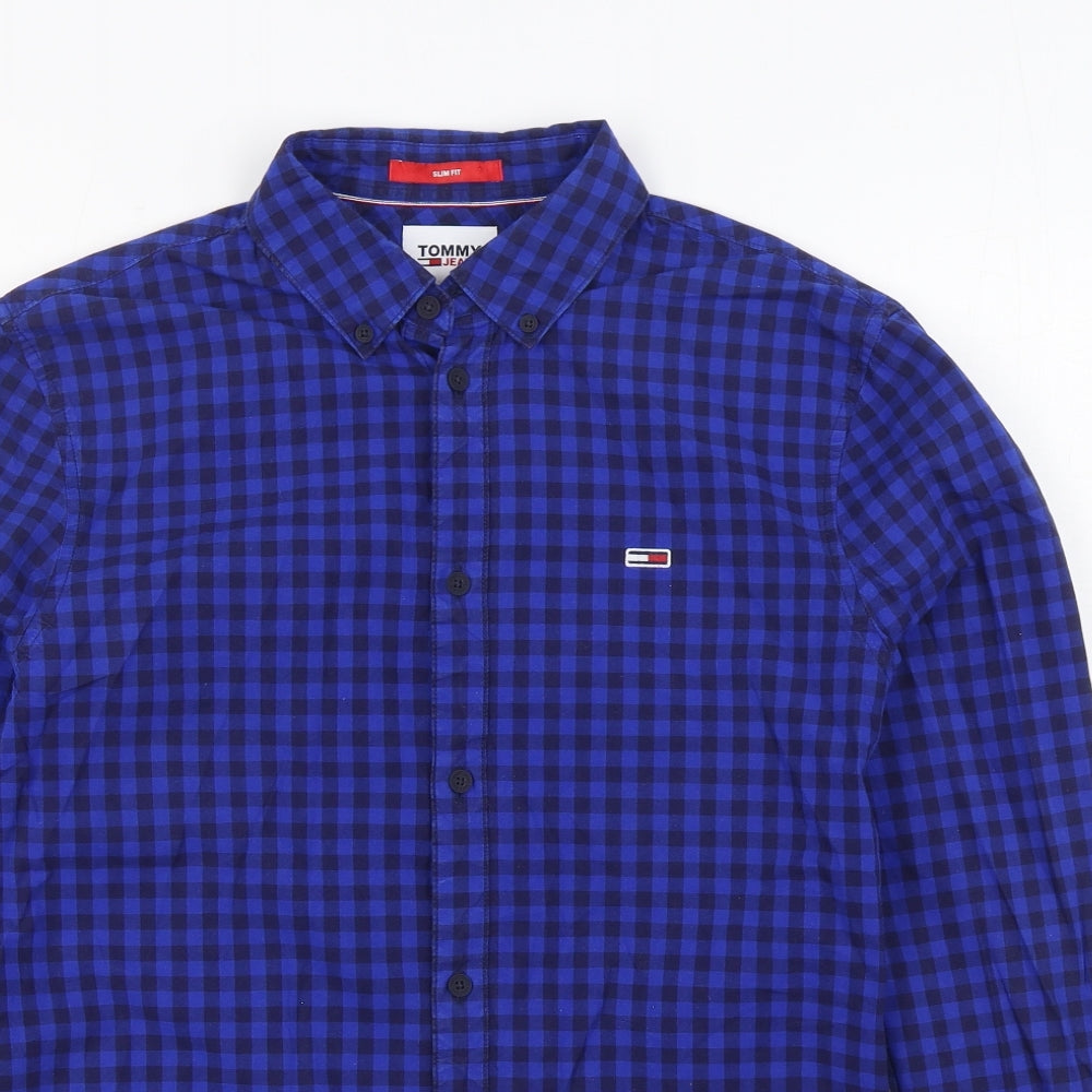 Tommy Jeans Mens Blue Check Cotton Button-Up Size S Collared Button