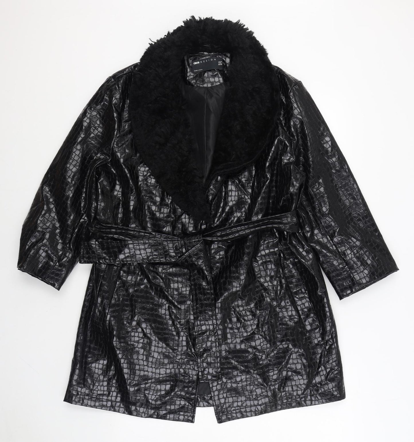 ASOS Womens Black Animal Print Overcoat Coat Size 12 Button