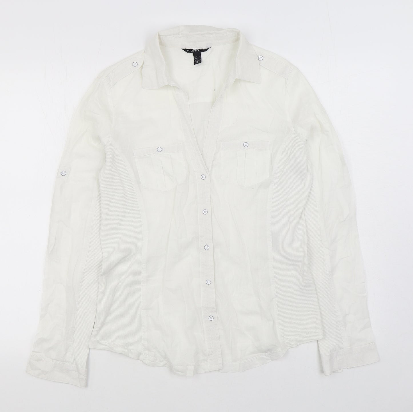 Mango Womens White Cotton Basic Button-Up Size L V-Neck