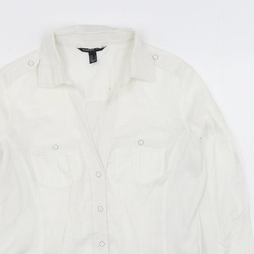 Mango Womens White Cotton Basic Button-Up Size L V-Neck
