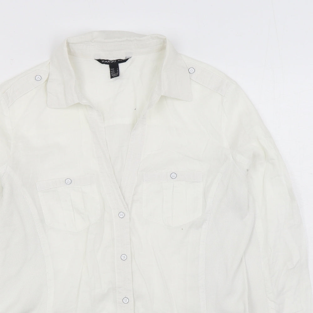 Mango Womens White Cotton Basic Button-Up Size L V-Neck