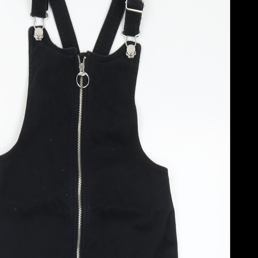 F&F Girls Black Cotton Pinafore/Dungaree Dress Size 10-11 Years Square Neck