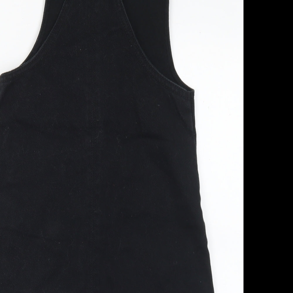 F&F Girls Black Cotton Pinafore/Dungaree Dress Size 10-11 Years Square Neck