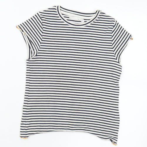 Marks and Spencer Girls Black Striped Cotton Basic T-Shirt Size 8-9 Years Round Neck