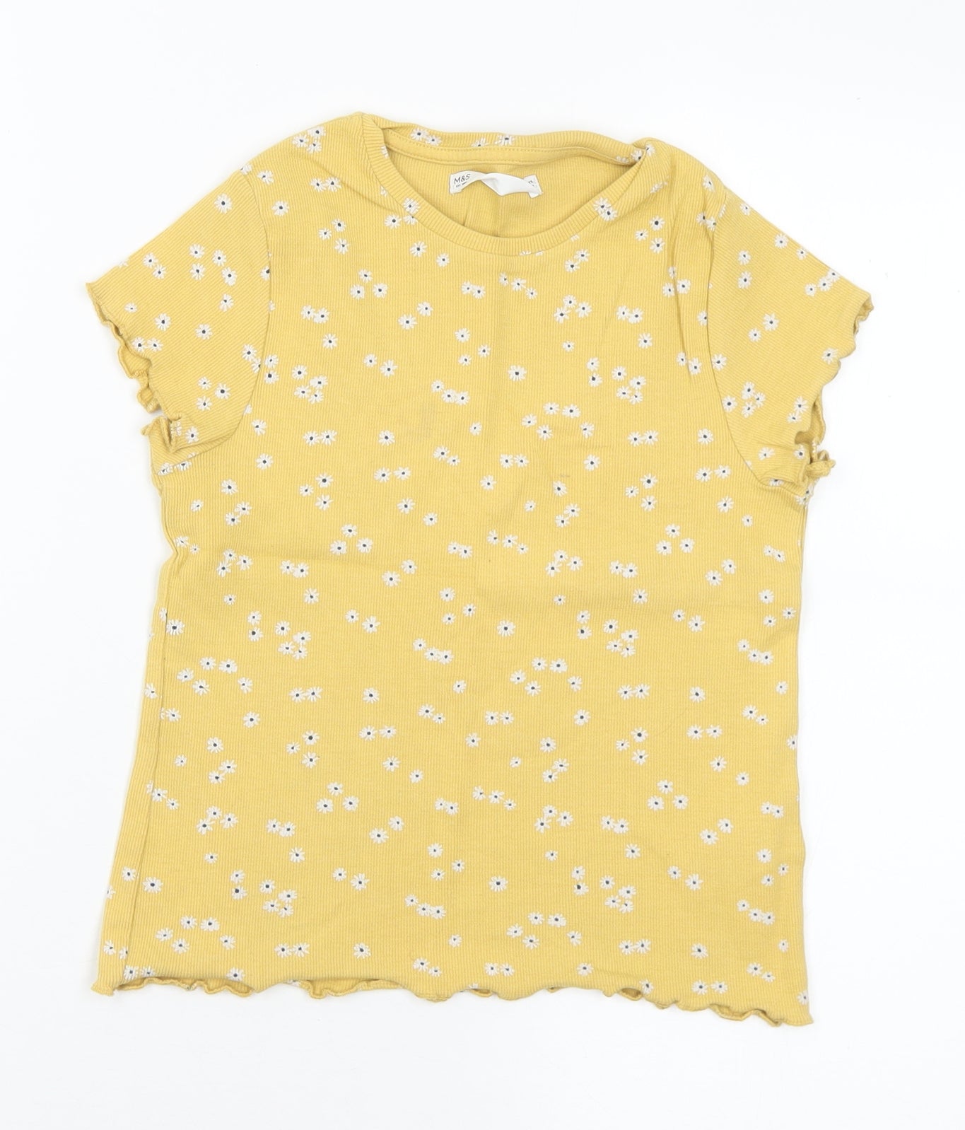 Marks and Spencer Girls Yellow Floral Cotton Basic T-Shirt Size 8-9 Years Crew Neck