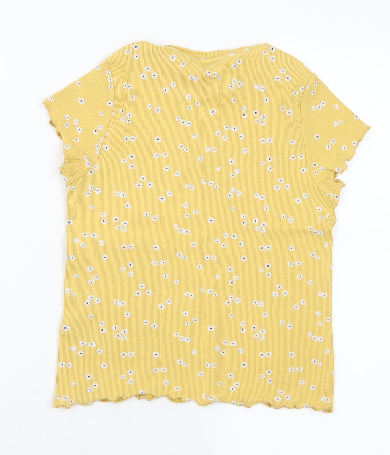 Marks and Spencer Girls Yellow Floral Cotton Basic T-Shirt Size 8-9 Years Crew Neck