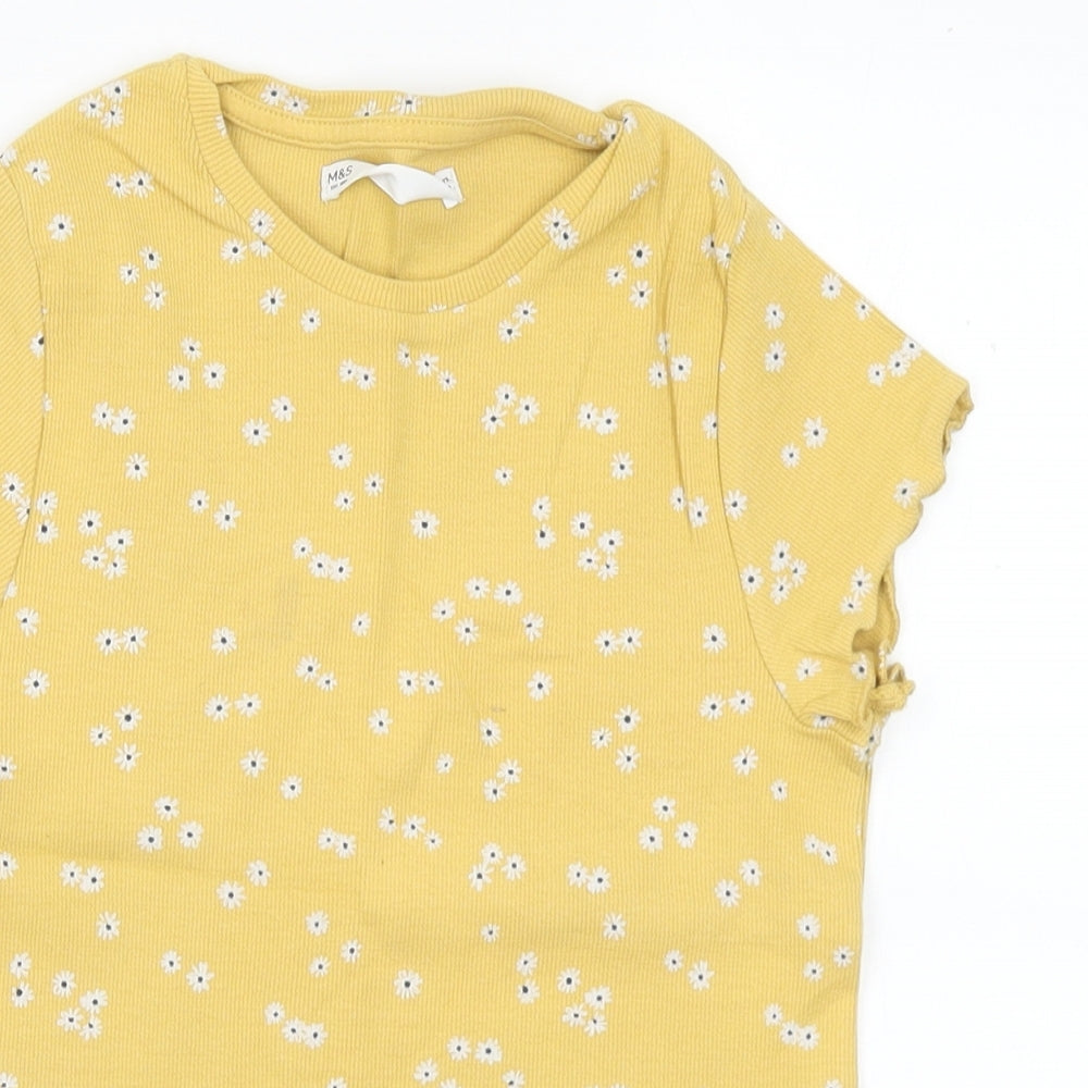 Marks and Spencer Girls Yellow Floral Cotton Basic T-Shirt Size 8-9 Years Crew Neck