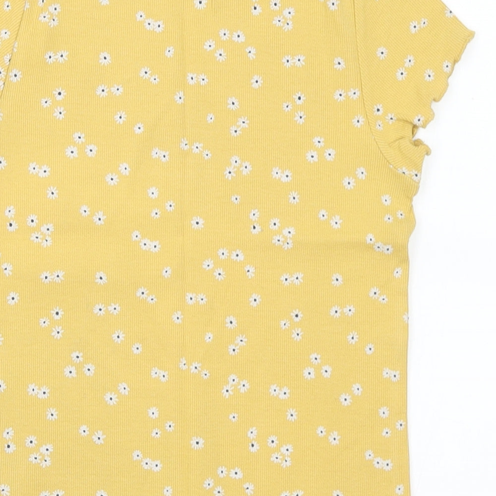 Marks and Spencer Girls Yellow Floral Cotton Basic T-Shirt Size 8-9 Years Crew Neck