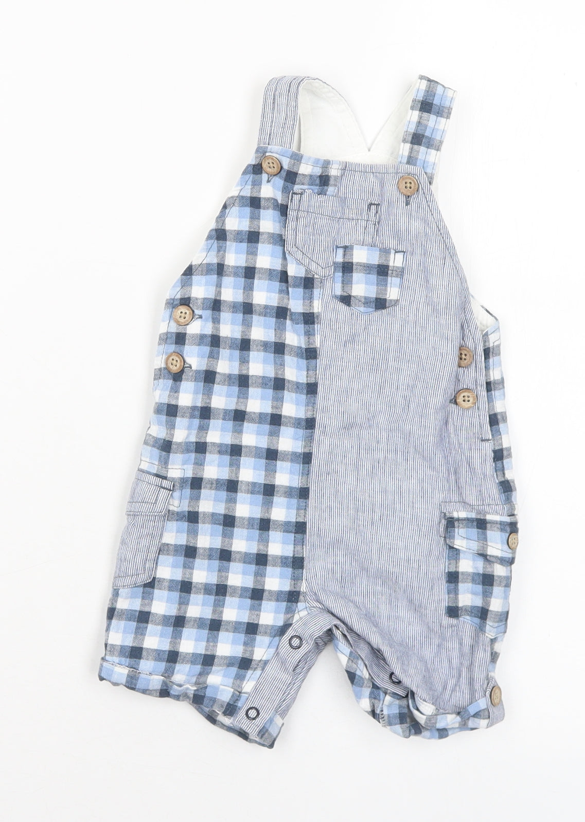 NEXT Boys Blue Check Linen Dungaree One-Piece Size 6-9 Months Button