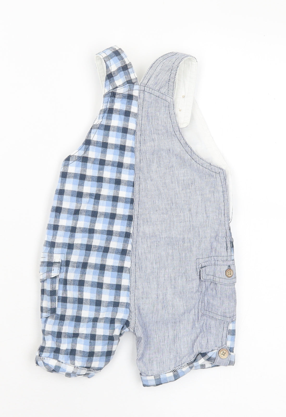 NEXT Boys Blue Check Linen Dungaree One-Piece Size 6-9 Months Button