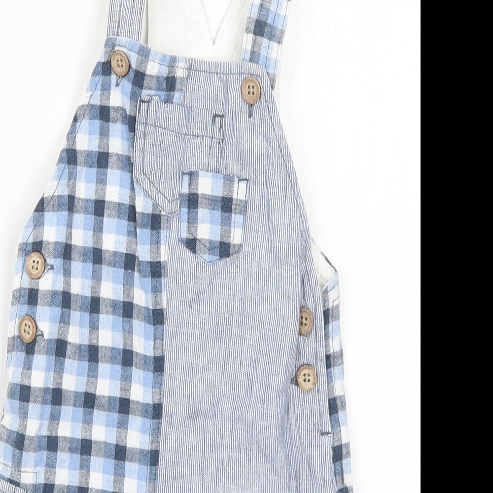 NEXT Boys Blue Check Linen Dungaree One-Piece Size 6-9 Months Button