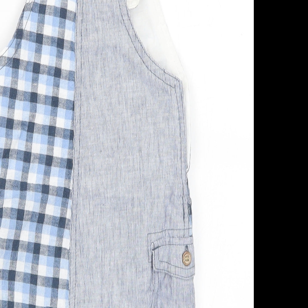 NEXT Boys Blue Check Linen Dungaree One-Piece Size 6-9 Months Button