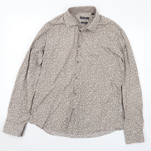 Devreo Mens Grey Floral Cotton Button-Up Size L Collared Button
