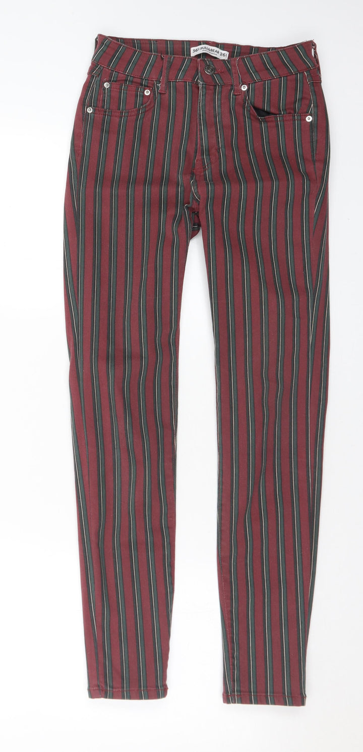 Pull&Bear Womens Multicoloured Striped Cotton Trousers Size 26 in L28 in Regular Button