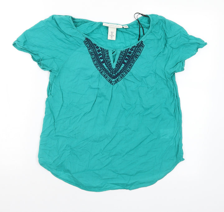 H&M Womens Green Geometric Cotton Basic Blouse Size 6 Round Neck