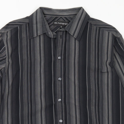 Marks and Spencer Mens Black Striped Cotton Button-Up Size M Collared Button