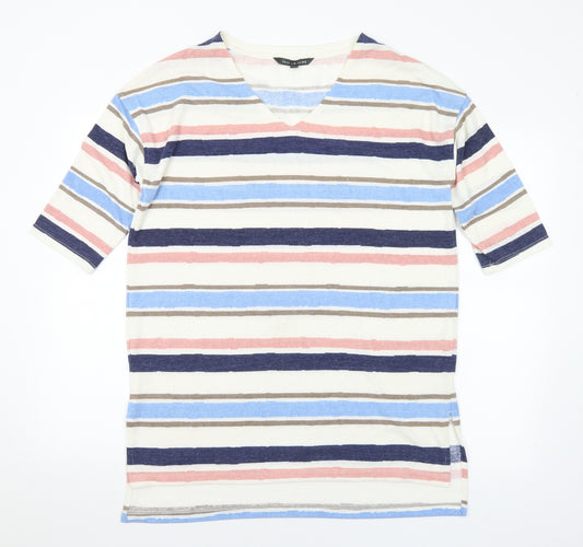 Front view of Love Leisure women’s multicoloured v-neck striped polyester jumper, size UK 12
