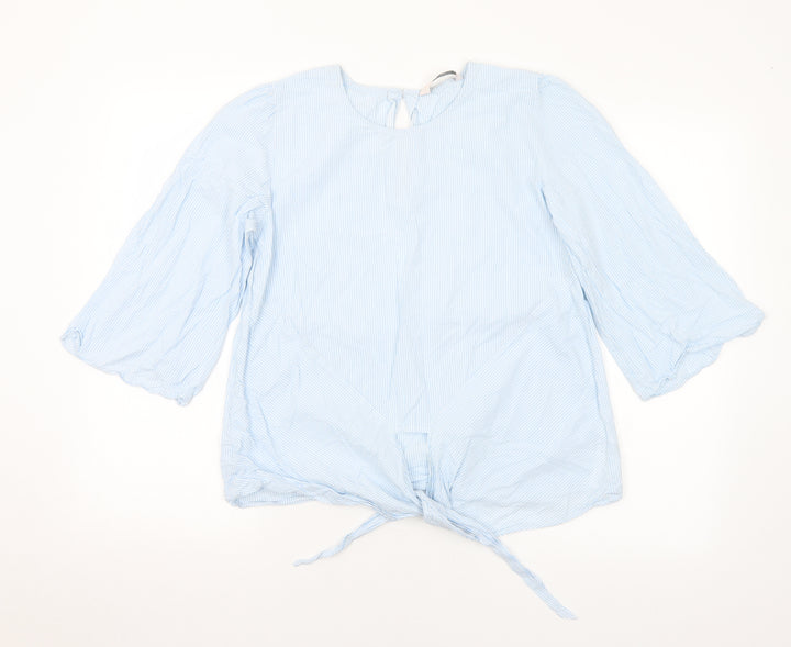 Part Two Womens Blue Striped Cotton Basic Blouse Size M Round Neck