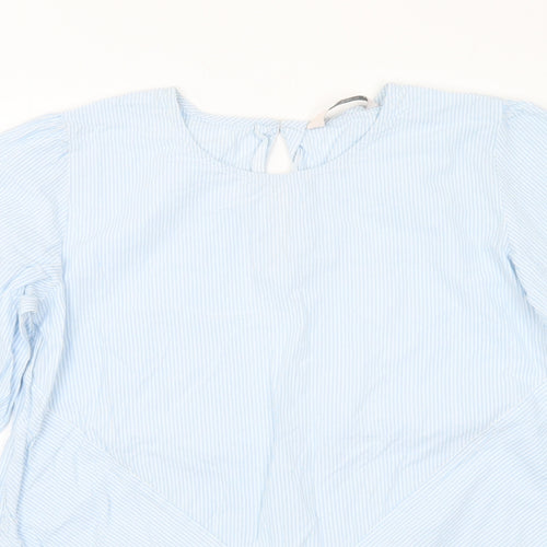 Part Two Womens Blue Striped Cotton Basic Blouse Size M Round Neck