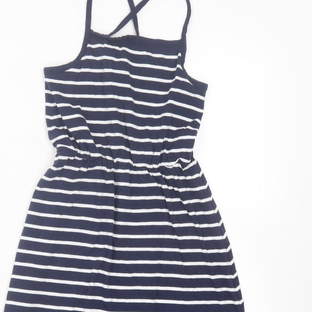George Girls Blue Striped Cotton A-Line Size 6-7 Years Square Neck Pullover