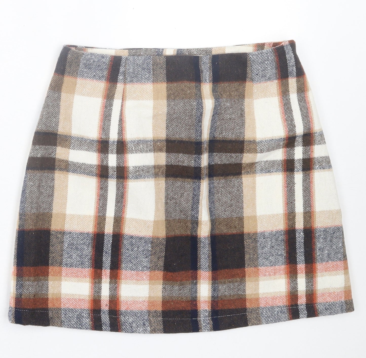SheIn Womens Brown Plaid Polyester A-Line Skirt Size S Zip