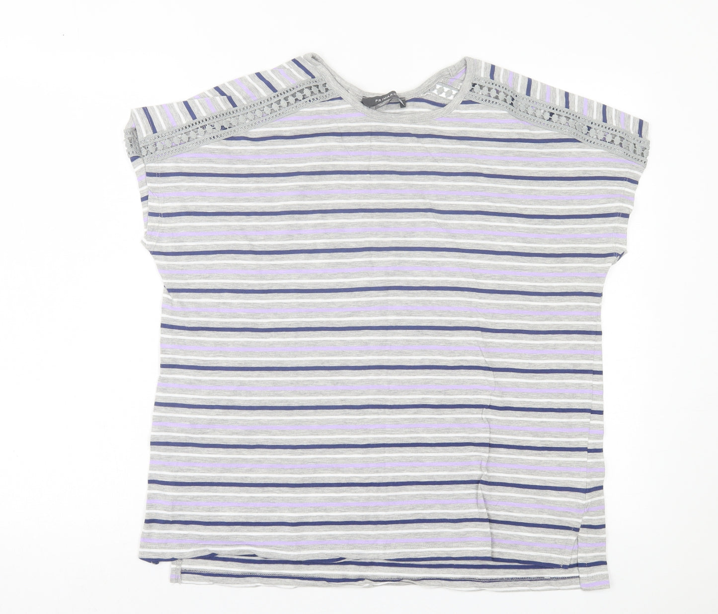 Primark Womens Grey Striped Cotton Basic T-Shirt Size L Crew Neck